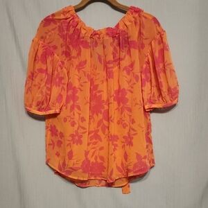 Scoop NYC Orange and Pink Floral Blouse Vibrant Style